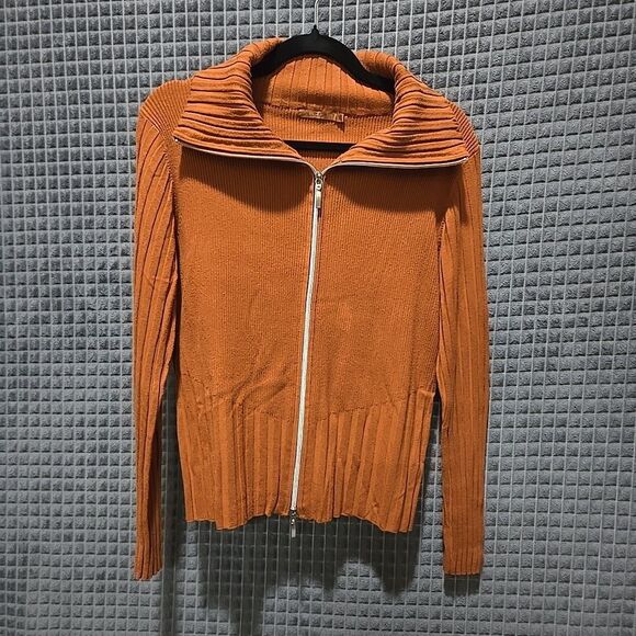 Y2K Burnt Orange Ribbed Jacket SzXL Belldini Retro Slinky Stretch FullZip Preppy - Picture 1 of 16